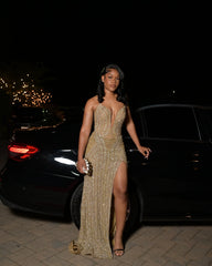 Stunning Long Gold V-Neck Sleeveless Mermaid Prom Dress with Beadings and Sequins