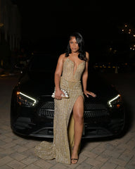 Stunning Long Gold V-Neck Sleeveless Mermaid Prom Dress with Beadings and Sequins