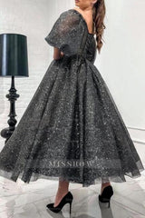 Stunning Long Gray A-line Off-the-shoulder Sequined Prom Evening Dresses with Short Sleeves