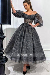Stunning Long Gray A-line Off-the-shoulder Sequined Prom Evening Dresses with Short Sleeves