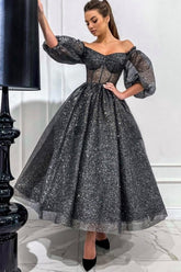Stunning Long Gray A-line Off-the-shoulder Sequined Prom Evening Dresses with Short Sleeves