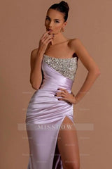 Stunning Long Lilac Column Strapless Sequined Beading Prom Evening Dresses with Slit
