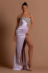 Stunning Long Lilac Column Strapless Sequined Beading Prom Evening Dresses with Slit
