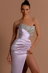 Stunning Long Lilac Column Strapless Sequined Beading Prom Evening Dresses with Slit