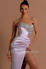 Stunning Long Lilac Column Strapless Sequined Beading Prom Evening Dresses with Slit