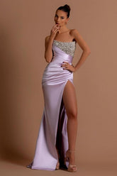 Stunning Long Lilac Column Strapless Sequined Beading Prom Evening Dresses with Slit