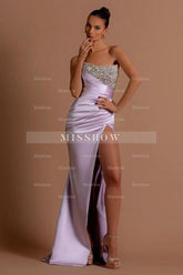 Stunning Long Lilac Column Strapless Sequined Beading Prom Evening Dresses with Slit