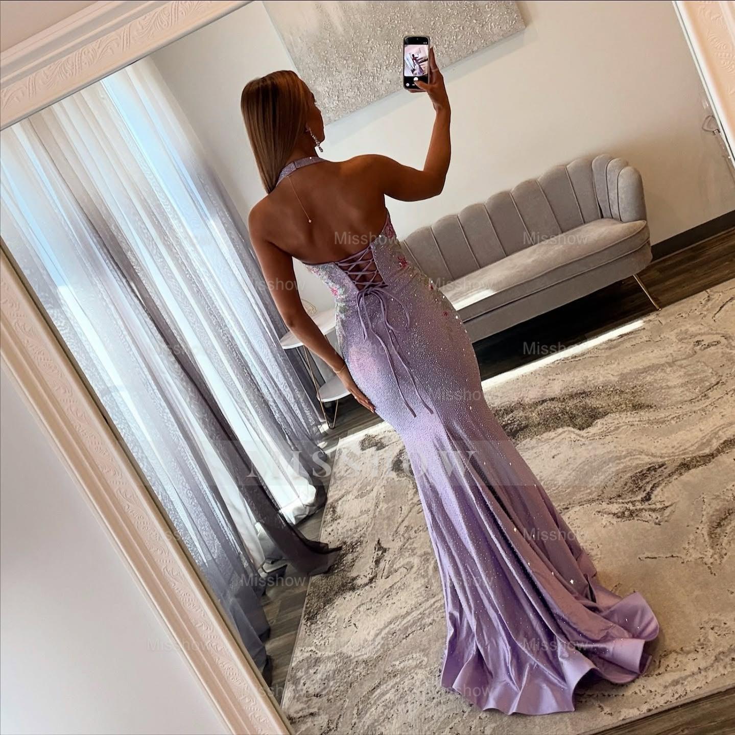 Stunning Long Lilac Halter Mermaid Corset Prom Dress