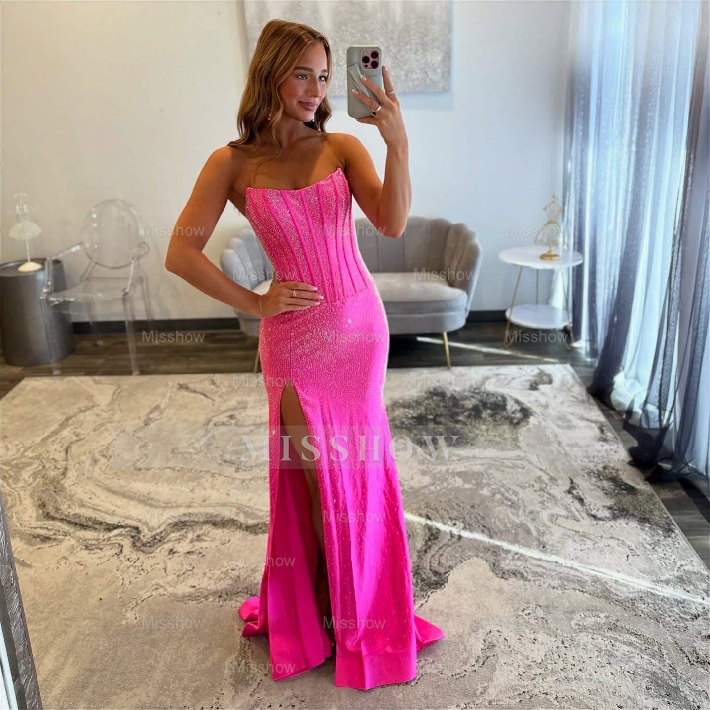 Stunning Long Mermaid Fuchsia Strapless Prom Dress with Slit