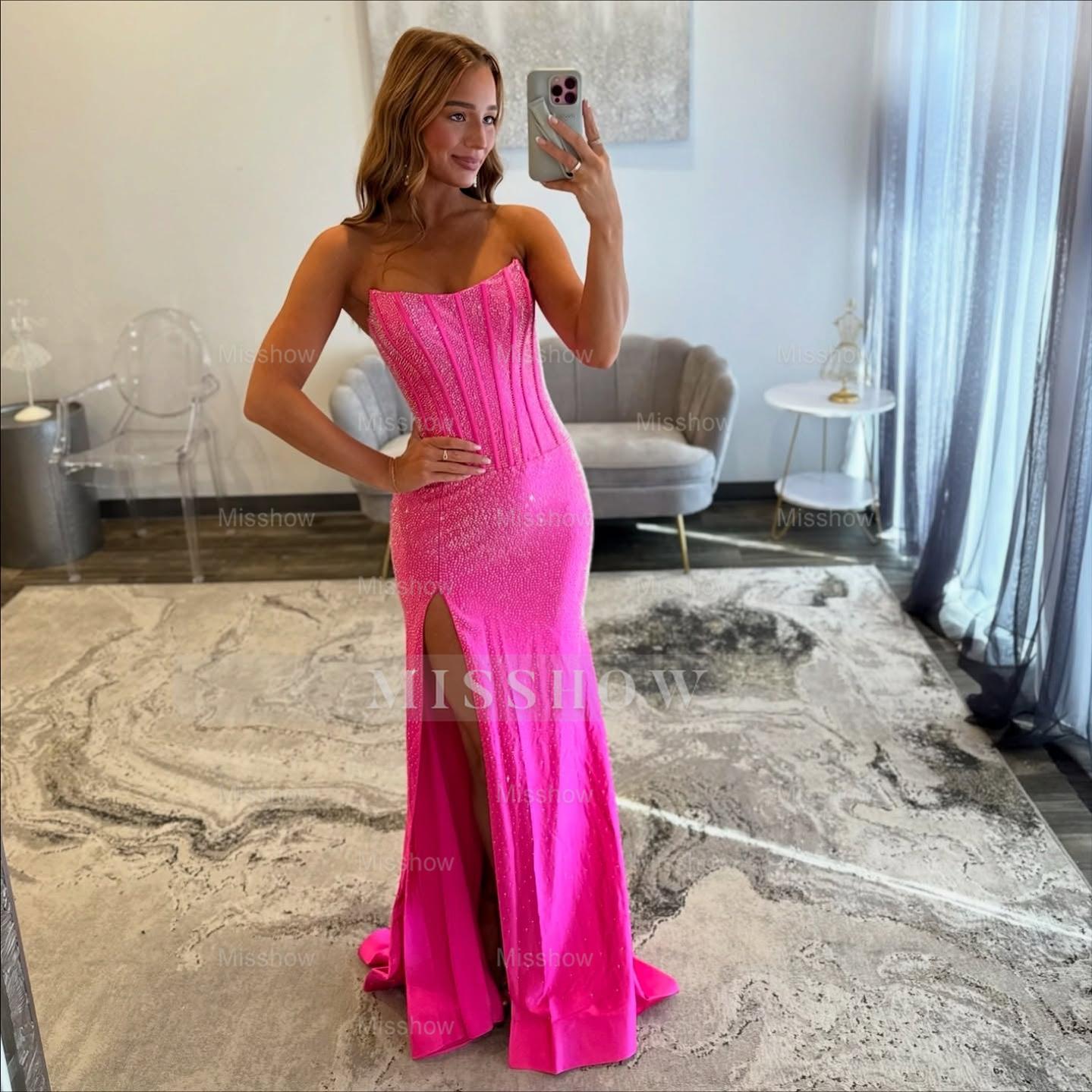 Stunning Long Mermaid Fuchsia Strapless Prom Dress with Slit