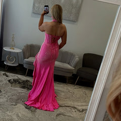 Stunning Long Mermaid Halter Sleeveless Prom Dress with Slit and Ruffles