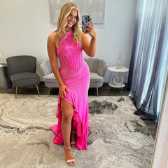 Stunning Long Mermaid Halter Sleeveless Prom Dress with Slit and Ruffles