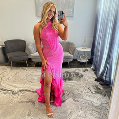 Stunning Long Mermaid Halter Sleeveless Prom Dress with Slit and Ruffles