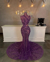 Stunning Long Mermaid One Shoulder Beading Sequined Sleeveless Prom Dress