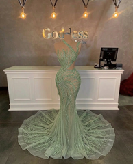 Stunning Long Mermaid One Shoulder Beading Sequined Sleeveless Prom Dress