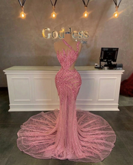 Stunning Long Mermaid One Shoulder Beading Sequined Sleeveless Prom Dress