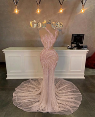 Stunning Long Mermaid One Shoulder Beading Sequined Sleeveless Prom Dress