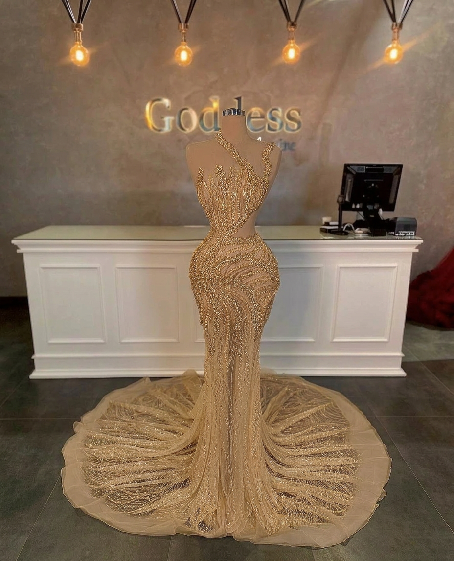 Stunning Long Mermaid One Shoulder Beading Sequined Sleeveless Prom Dress