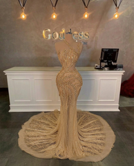 Stunning Long Mermaid One Shoulder Beading Sequined Sleeveless Prom Dress