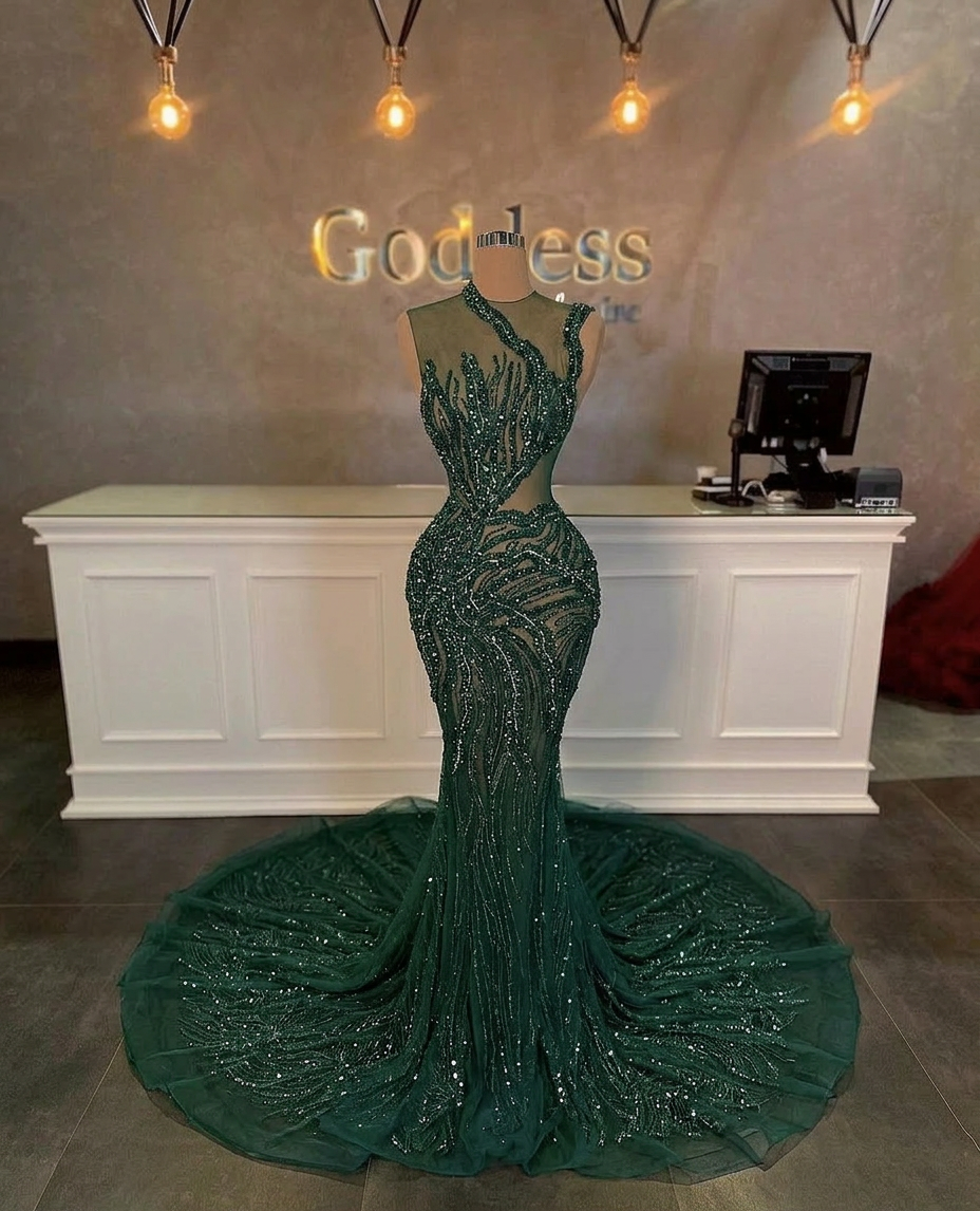 Stunning Long Mermaid One Shoulder Beading Sequined Sleeveless Prom Dress
