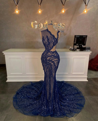 Stunning Long Mermaid One Shoulder Beading Sequined Sleeveless Prom Dress