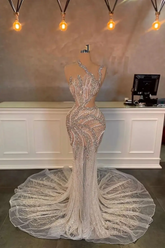 Stunning Long Mermaid One Shoulder Beading Sequined Sleeveless Prom Dress
