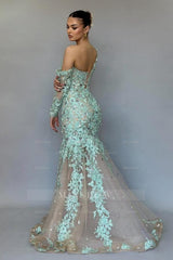 Stunning Long Mermaid One Shoulder Lace Beading Prom Evening Dresses with Long Sleeves