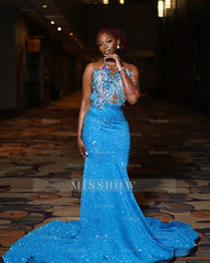 Stunning Long Ocean Blue Sweetheart Sleeveless Mermaid Prom Dress with Beadings and Sequins