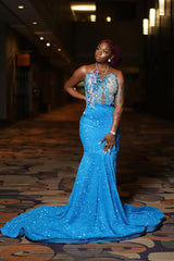 Stunning Long Ocean Blue Sweetheart Sleeveless Mermaid Prom Dress with Beadings and Sequins