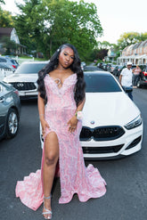 Stunning Long Pink V-neck Sleeveless Beaded Mermaid Prom Dress with Sequins and Slit