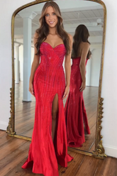 Stunning Long Red Mermaid Strapless Beaded Prom Dress with Slit
