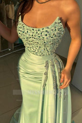 Stunning Long Sage Mermaid Strapless Beading Jewel Sleeveless Prom Evening Dresses
