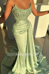 Stunning Long Sage Mermaid Strapless Beading Jewel Sleeveless Prom Evening Dresses