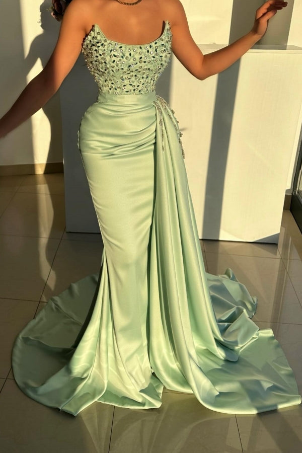 Stunning Long Sage Mermaid Strapless Beading Jewel Sleeveless Prom Evening Dresses