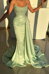 Stunning Long Sage Mermaid Strapless Beading Jewel Sleeveless Prom Evening Dresses
