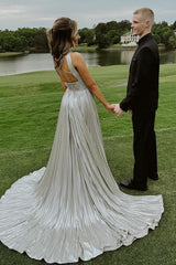 Stunning Long Silver A-line Halter Pleated Sexy Prom Evening Dresses with Rhinestones