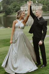 Stunning Long Silver A-line Halter Pleated Sexy Prom Evening Dresses with Rhinestones