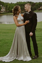 Stunning Long Silver A-line Halter Pleated Sexy Prom Evening Dresses with Rhinestones