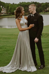 Stunning Long Silver A-line Halter Pleated Sexy Prom Evening Dresses with Rhinestones