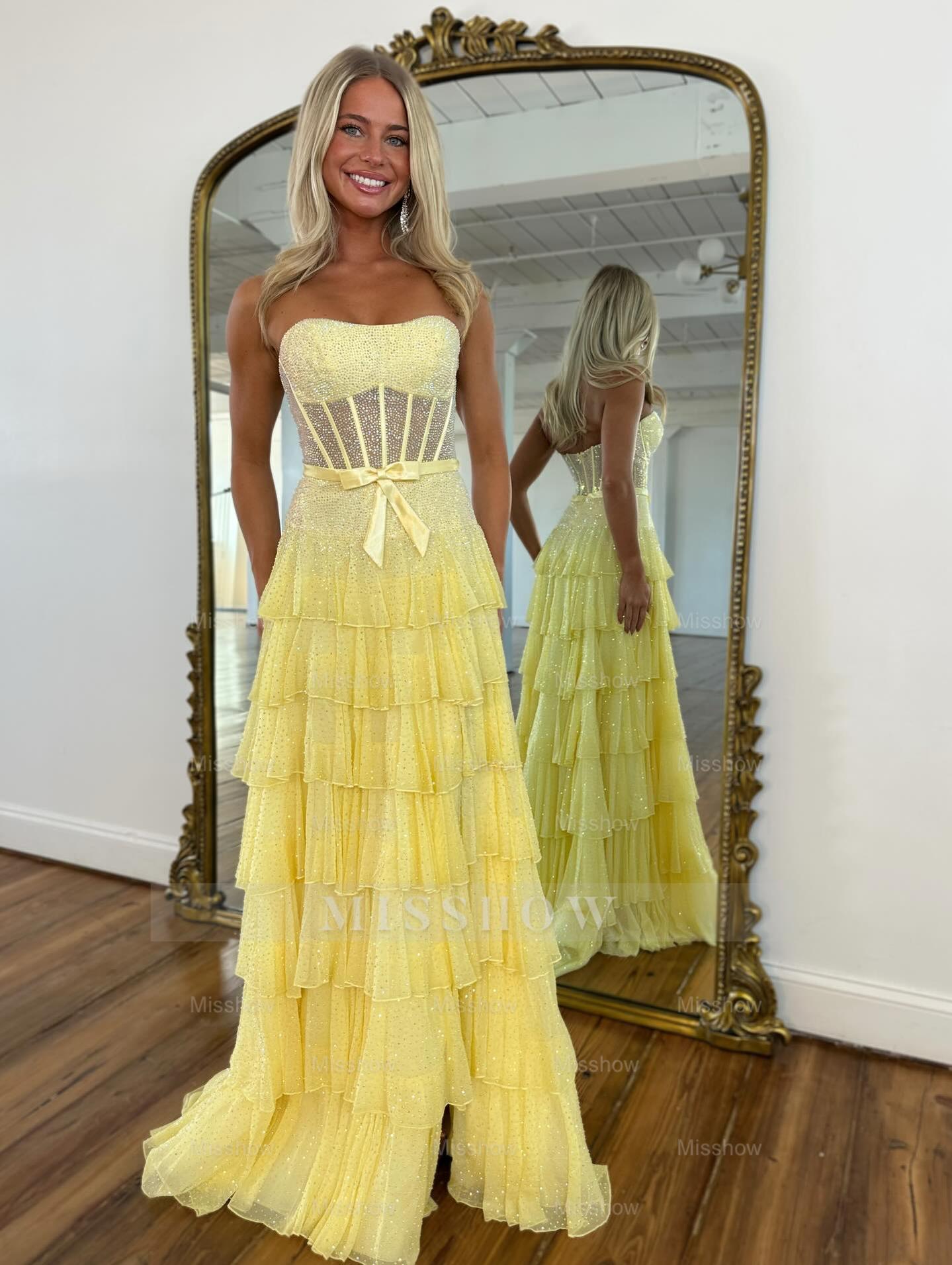 Stunning Long Sky Blue A-line Strapless Glitter Prom Dress with Slit