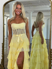 Stunning Long Sky Blue A-line Strapless Glitter Prom Dress with Slit