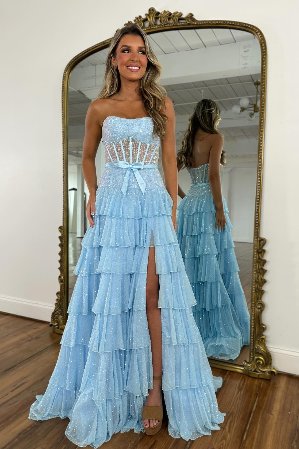 Stunning Long Sky Blue A-line Strapless Glitter Prom Dress with Slit