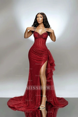 Stunning Mermaid Sweetheart Sequined Prom Dress with Ruffles and Split - Evening Gown