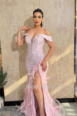 Stunning Off the Shoulder Sleeveless Beaded Long Split Formal Dress With Feathers