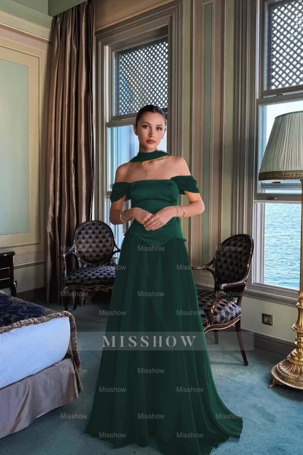 Stunning Off the Shoulder Sleeveless Long Formal Dress With Pleated