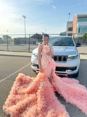 Stunning Pink Mermaid Prom Dress with Pearl Beading and Slit - Sleeveless Evening Gown