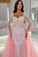 Stunning Pink Mermaid Sweetheart Long Sleeves Beaded Panel Train Tulle Evening Dresses With Sequins