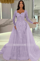 Stunning Pink Mermaid Sweetheart Long Sleeves Beaded Panel Train Tulle Evening Dresses With Sequins