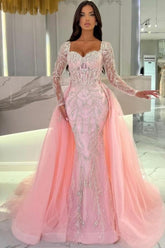 Stunning Pink Mermaid Sweetheart Long Sleeves Beaded Panel Train Tulle Evening Dresses With Sequins