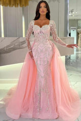 Stunning Pink Mermaid Sweetheart Long Sleeves Beaded Panel Train Tulle Evening Dresses With Sequins